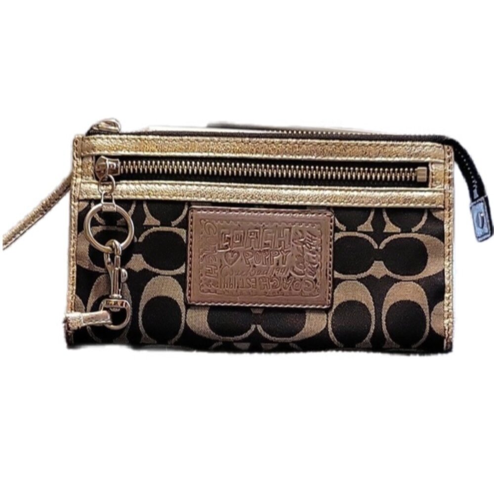Coach Poppy black fabric w/silver metallic trim & strap, zip closure